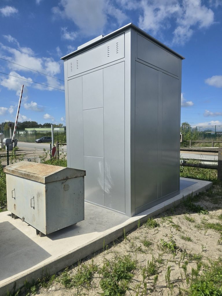 SafeBox AV enclosure with access hatch and chequer-plate threshold